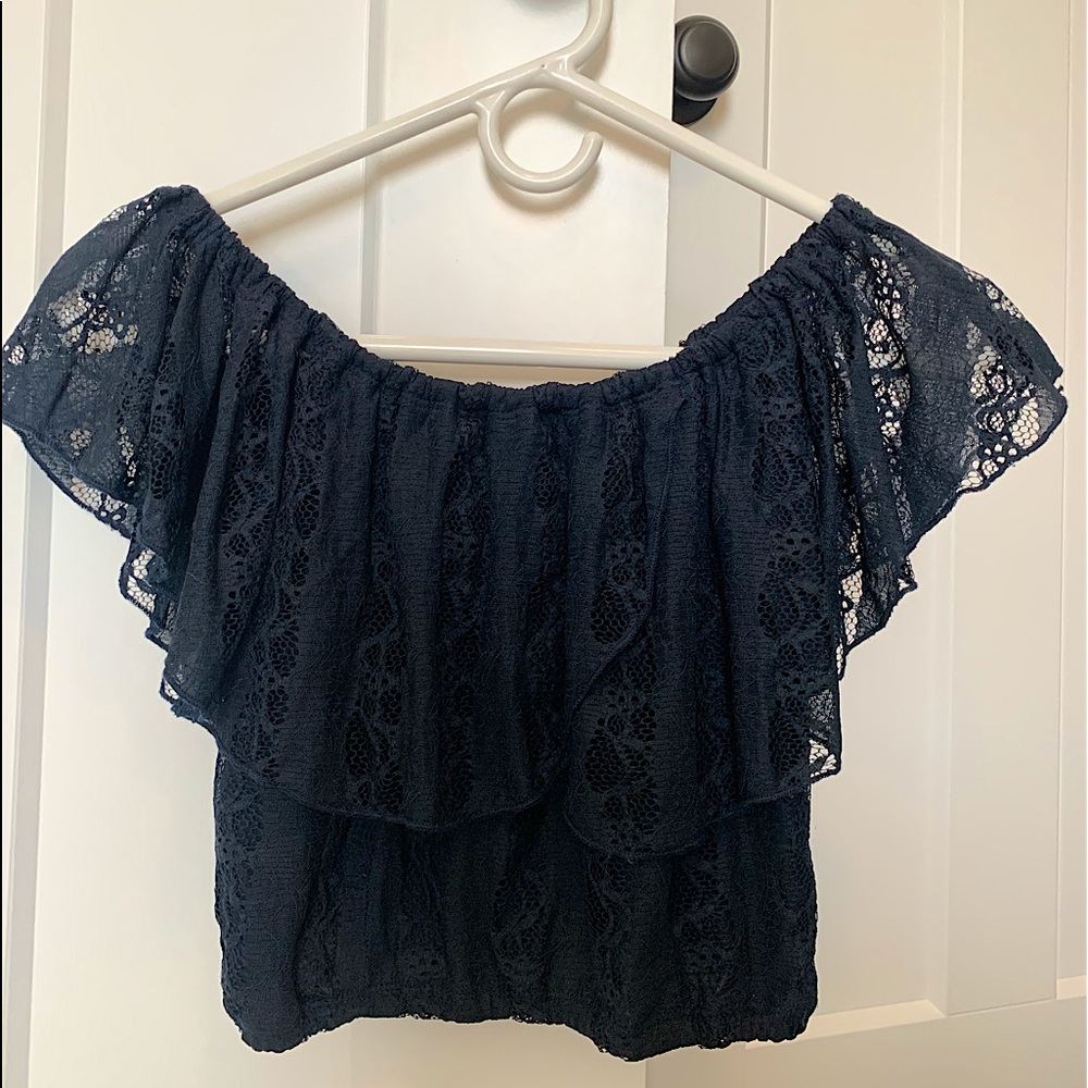 Over the shoulder & cropped dark navy blue shirt with beautiful detailing